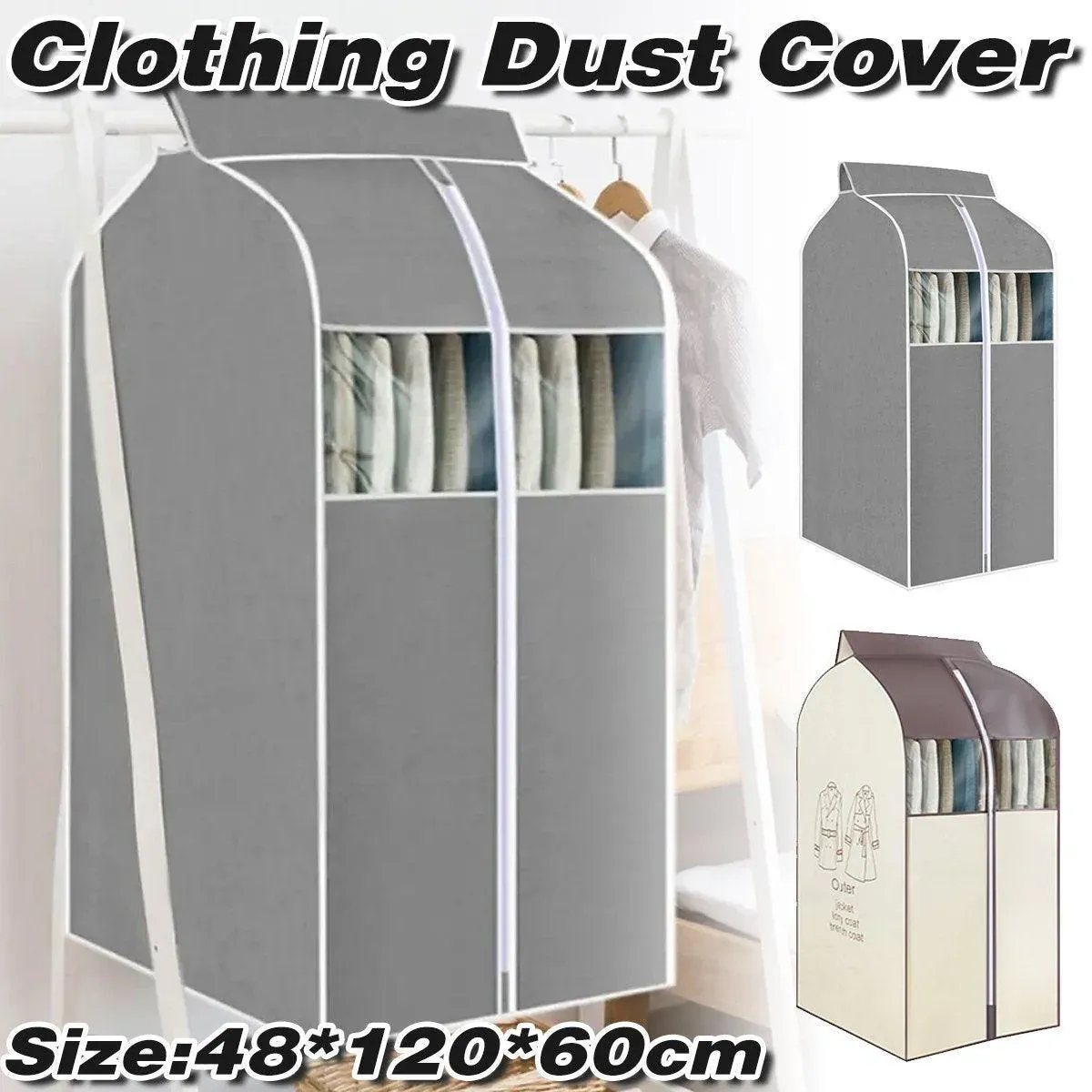 Hanging Garment Covers with Clear Window 120cm for Clothes Rack Closet Hanging - Grey — image 2