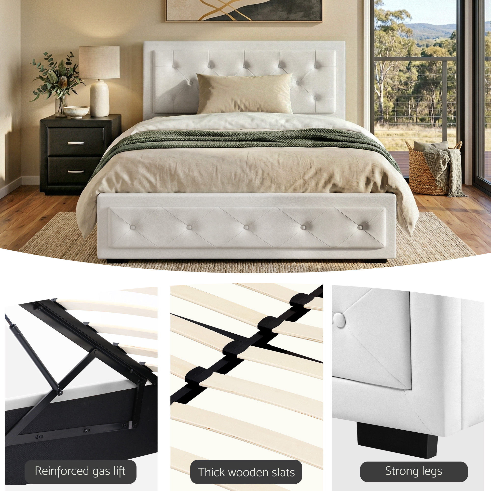 Artiss King Single Bed Frame Storage White Leather Gas Lift Bed Black Bedside Table Set โ image 6