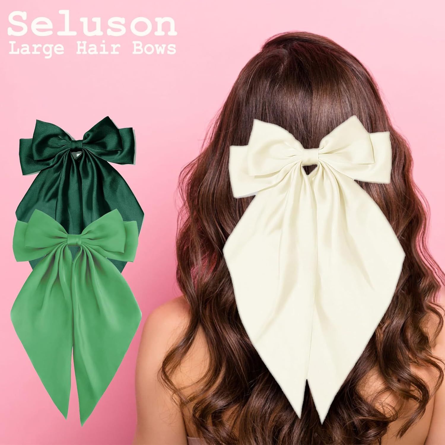 Green Hair Bows for Women Girl, Big Bow Hair Clips, Silky Satin Bows Oversized Long Tail with Clips Barrettes Big Bowknot Hair, St. Patrick's Day Party โ image 3