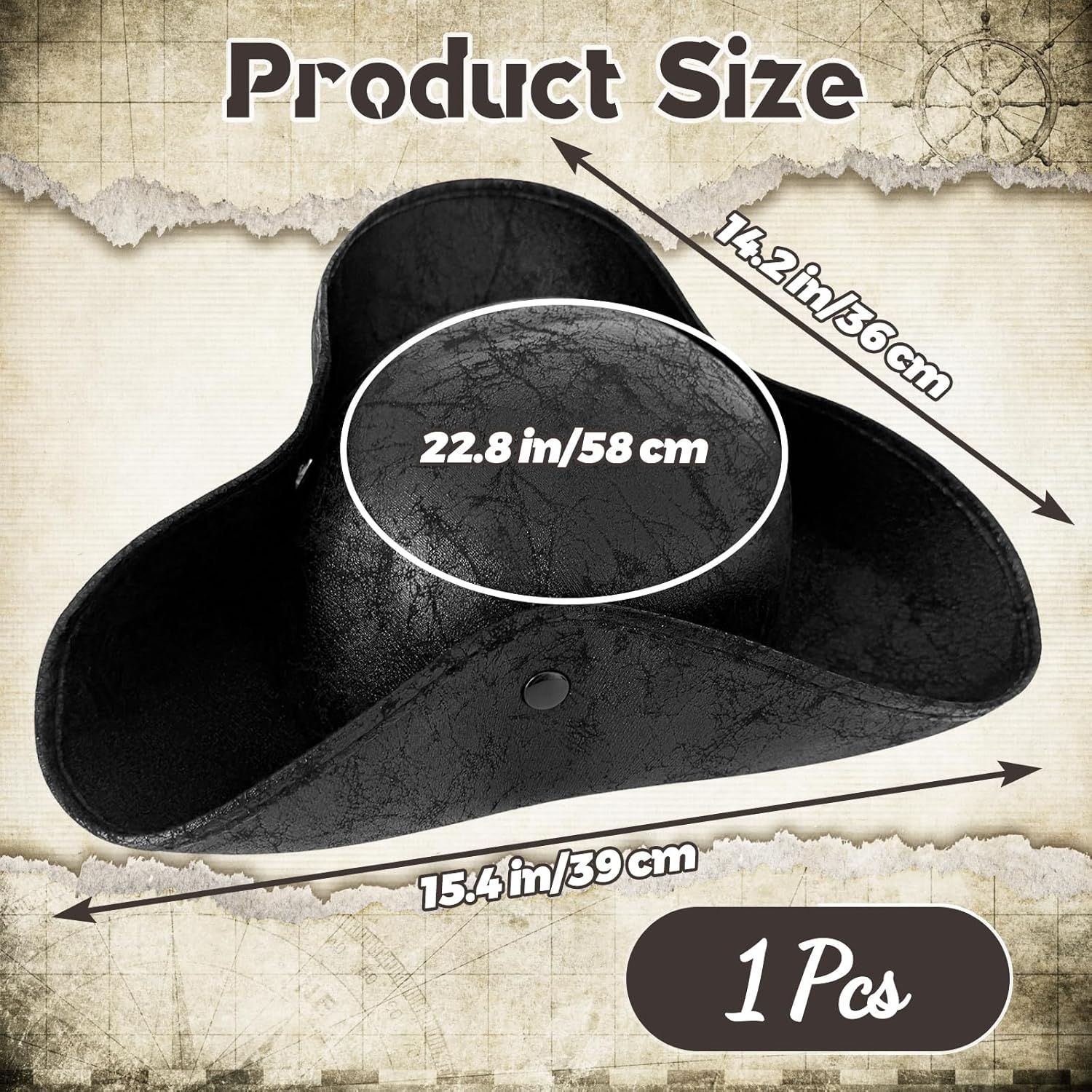 Black Pirate-Hat,Women Tricorn Leather Hat,Men Vintage Wrinkle Pirate Hat for Halloween Party Costume Accessories — image 2