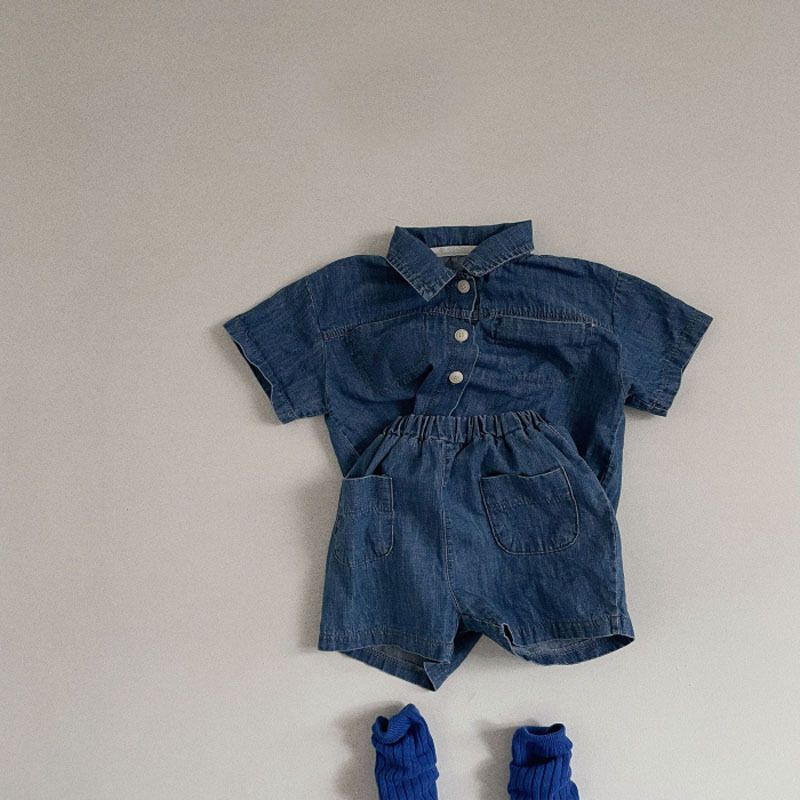 A-lebabay Infant Denim Shirt Shorts Set Summer Dark blue 73CM