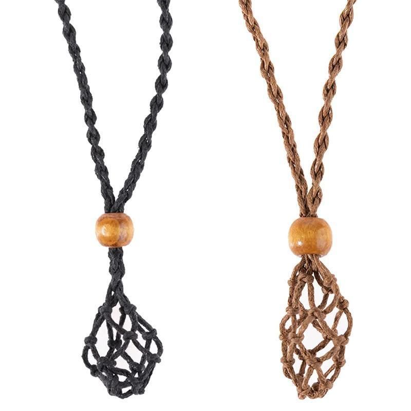 L Size Empty Stone Holder Necklace Crystal Quartz Gemstone Cage Rope Cord Pendant DIY - Brown โ image 3