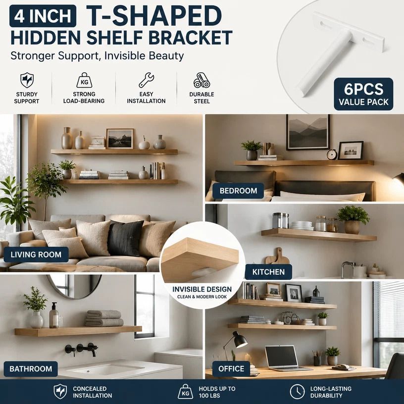 4" White Hidden T Shelf Bracket 6Pcs w/ 5x60&5x80 Screws