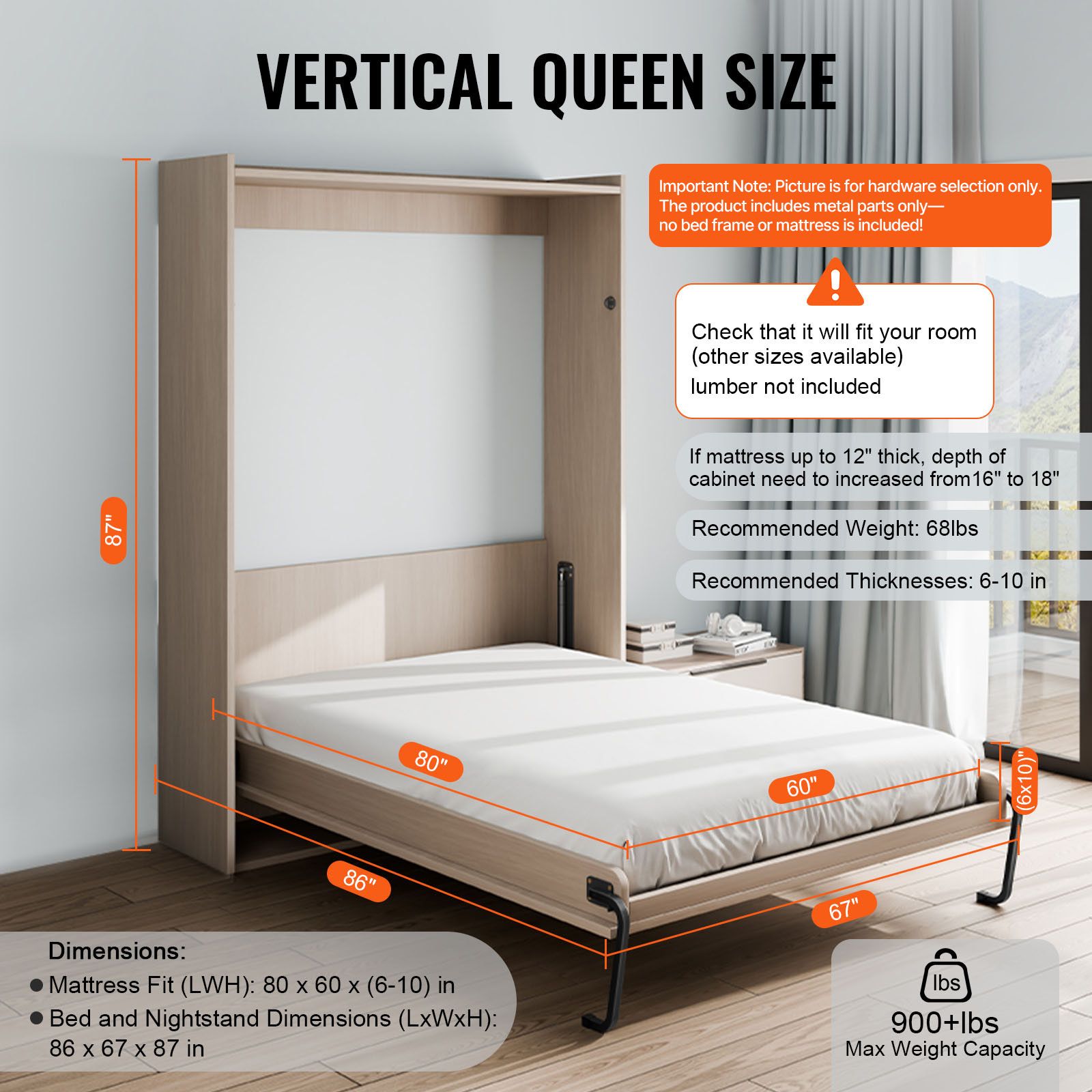 Murphy Bed Kit, Queen Size, Vertical Deluxe DIY Wall Bed Mechanical Hardware Kit, Pneumatic Lever Heavy Duty Bed Frame Support, Folding Cabinet Wall Bed Space โ image 3
