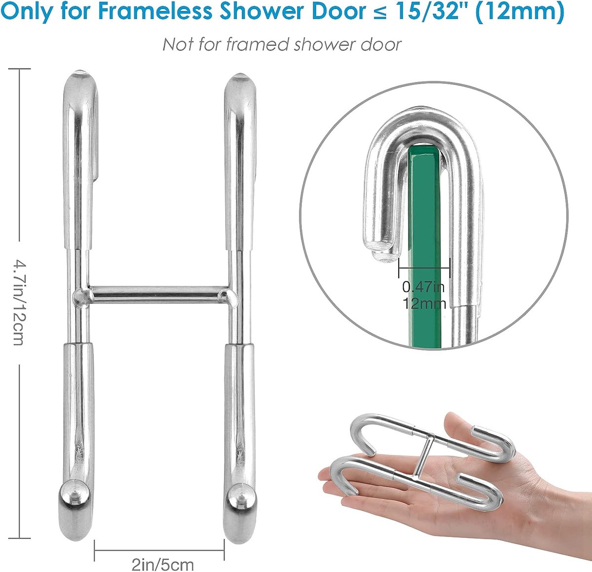 No-Drill Shower Door Hooks - 2-Pack for Rimless Glass Doors - Rubber Scratch Protection — image 2