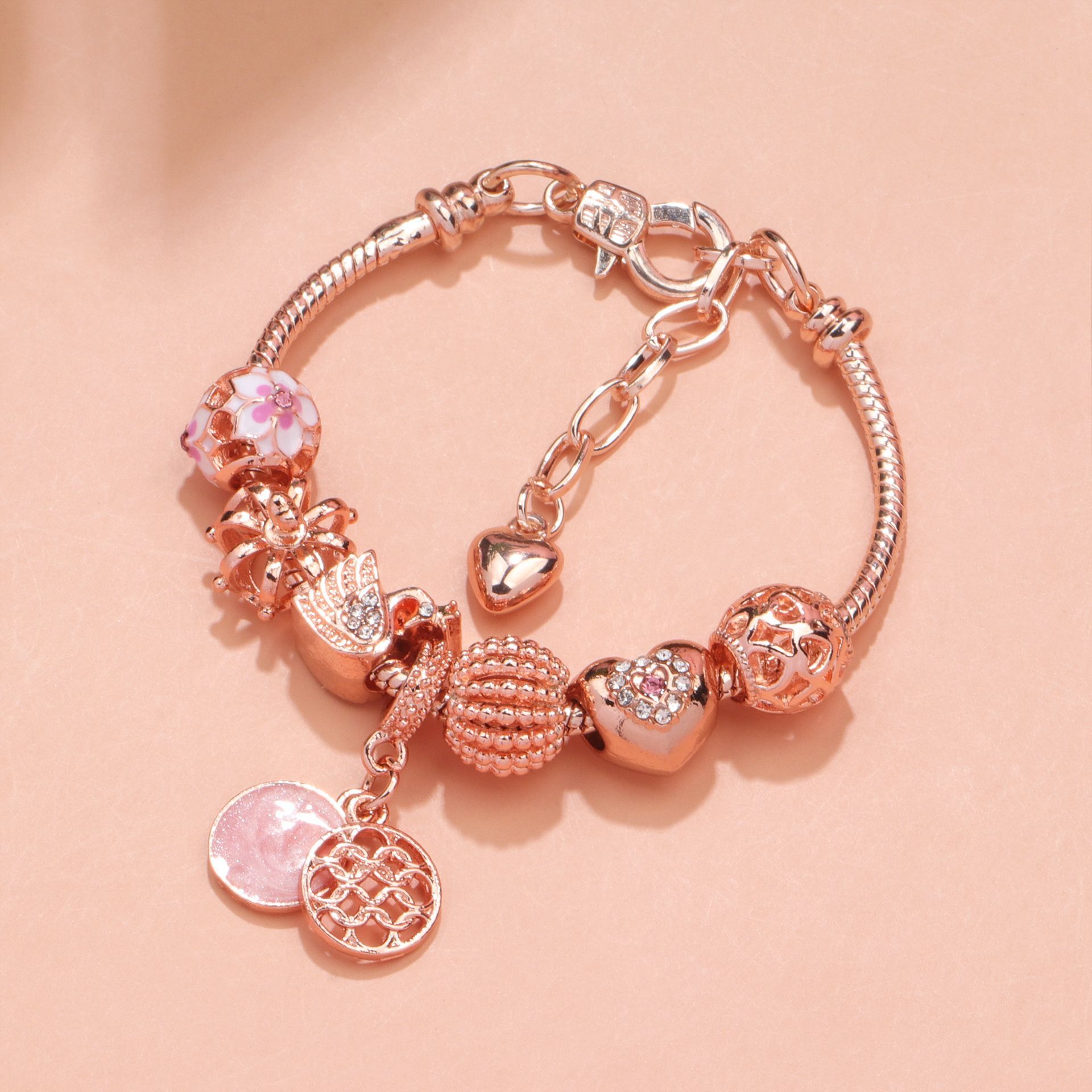Hollow Crystal-Encrusted Swan Crown Flower Heart Bracelet(rose gold,19cm) — image 6