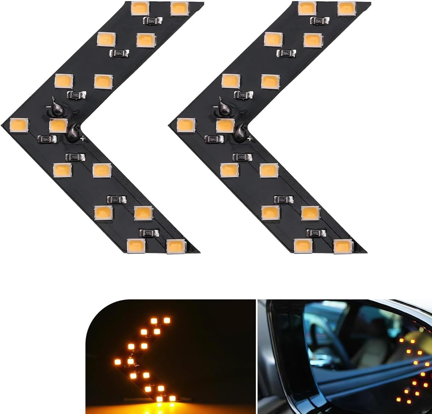 2 PCS Car Rearview Mirror Turn Signal Lights, Hidden LED Arrow Indicator with 3528-14SMD, 12V Sequential Flashing Light, Universal Side Mirror Safety Warning