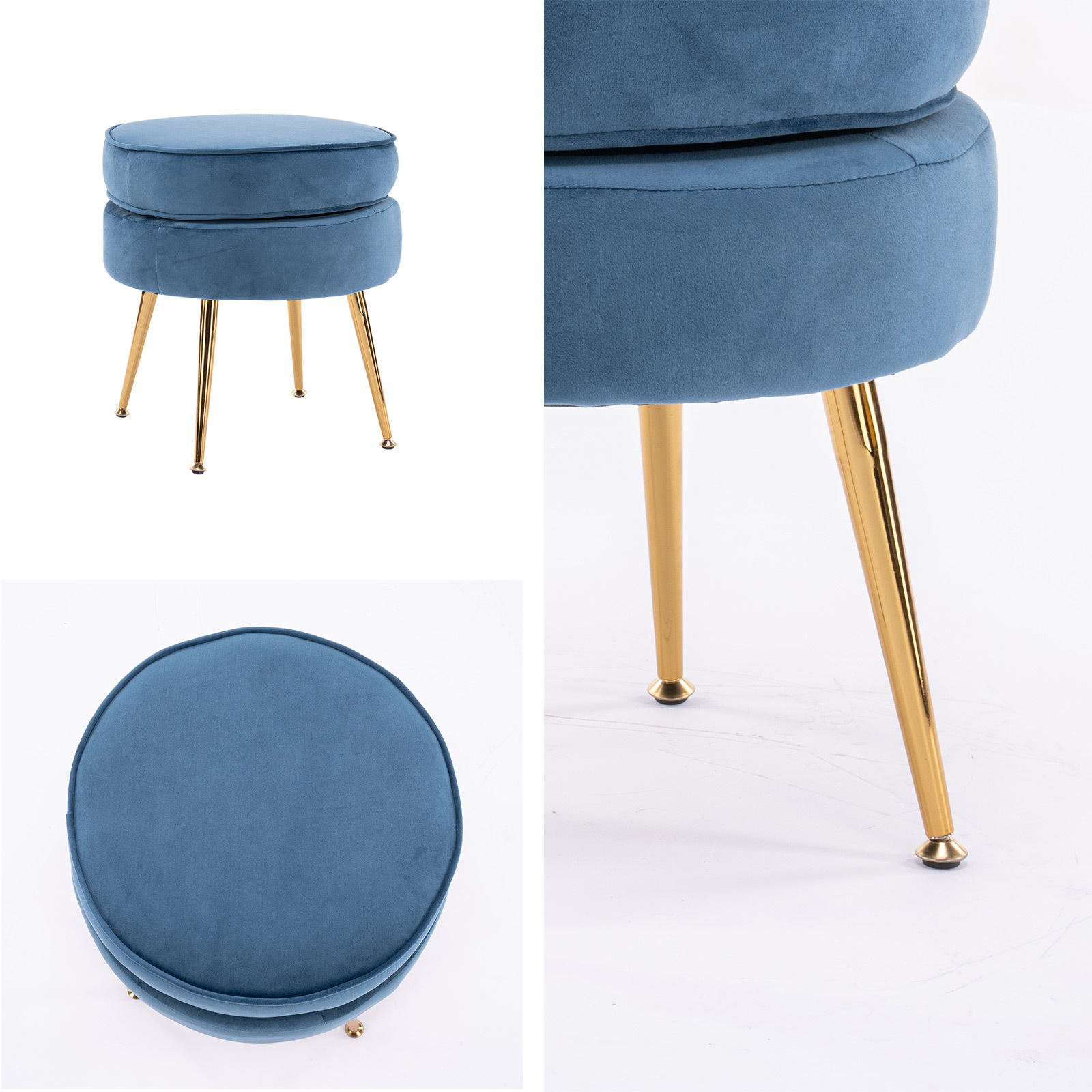 Ottoman Foot Stool Velvet Fabric Metal Leg Round NAVY BLUE โ image 3