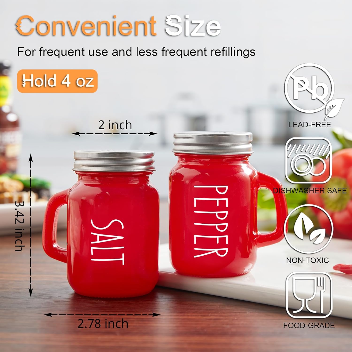 Red Salt and Pepper Shakers Set, 4 oz Cute Modern Glass Christmas Red Shaker Sets with Stainless Steel Lids, Red Kitchen Decor and Accessories for Home โ image 3