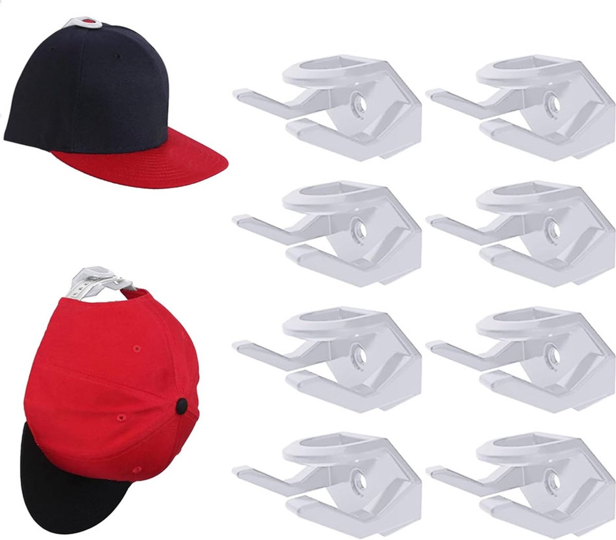 Cap Rack Set of 8 - Wall Cap Holders - Cap Hooks - With Screws and Tape - Two Installation Methods - Cap Rack Coat Rack - Cap Rack Storage System - Cap Storage
