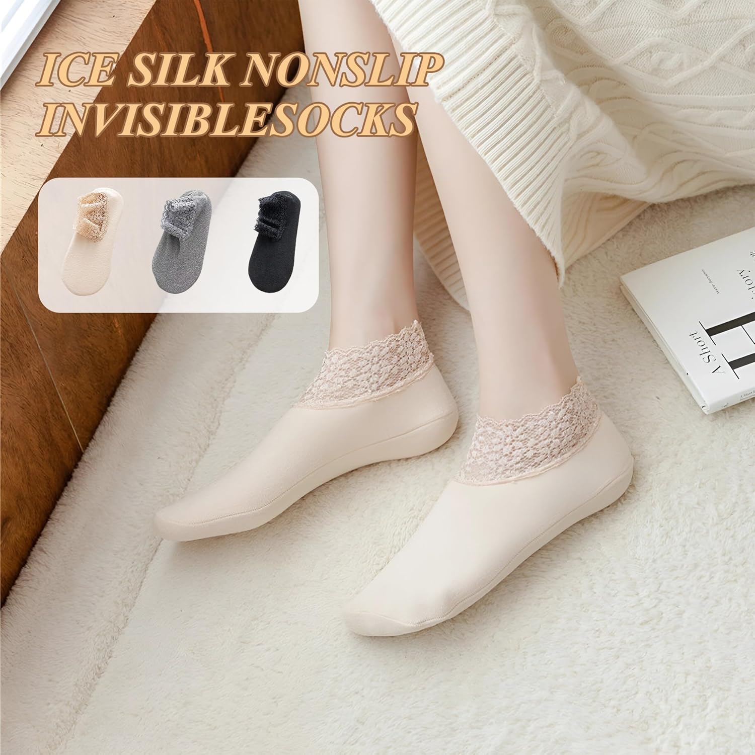 3Pairs Lace Socks No Show Frilly Ankle Knit Cotton Non Slip Low Cut for Women Floor Beige One Size — image 6