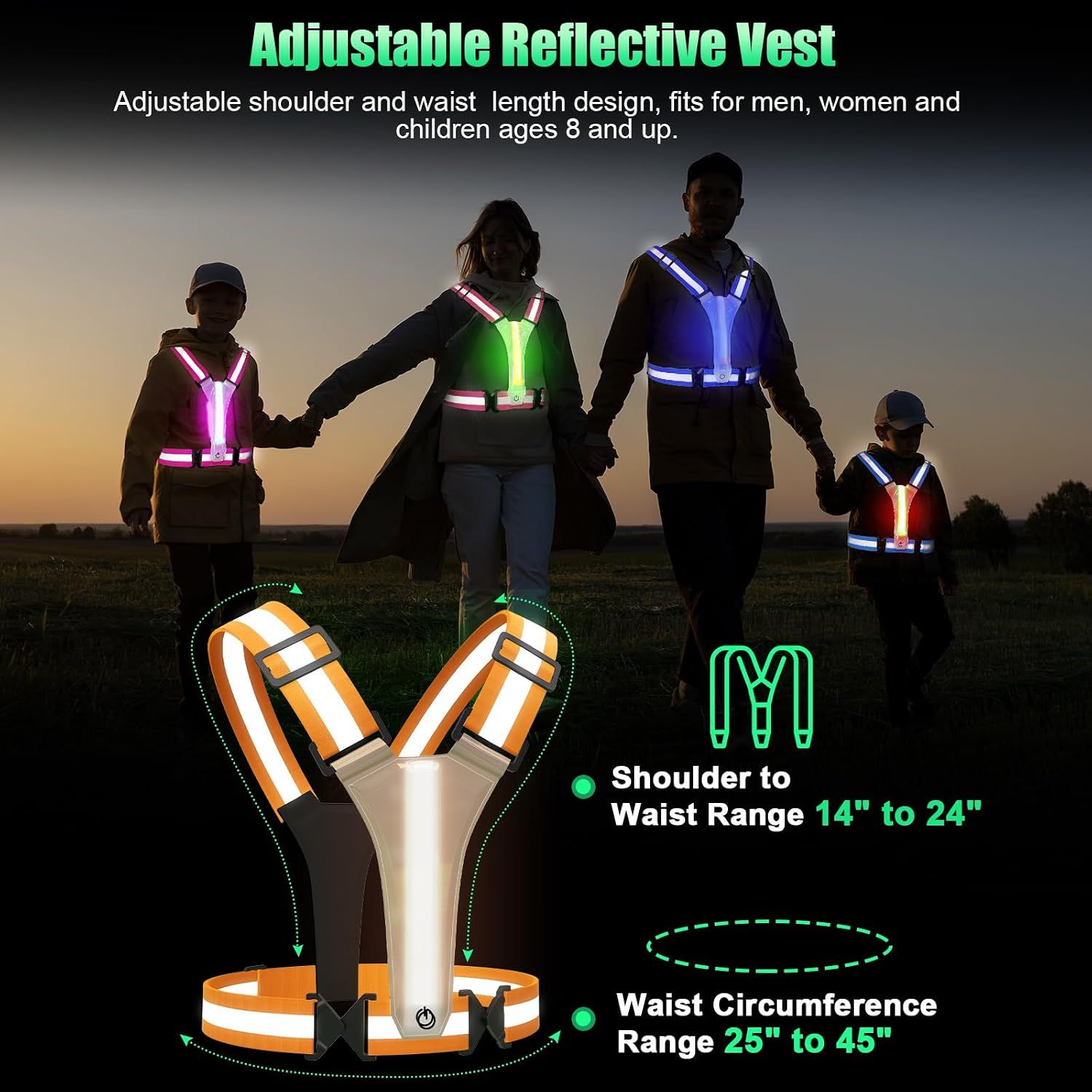 Rechargeable LED Reflective Running Vest, Adjustable High Visibility Safety Gear for Night Walking, Cycling, Jogging and Exercise, Orange — image 4