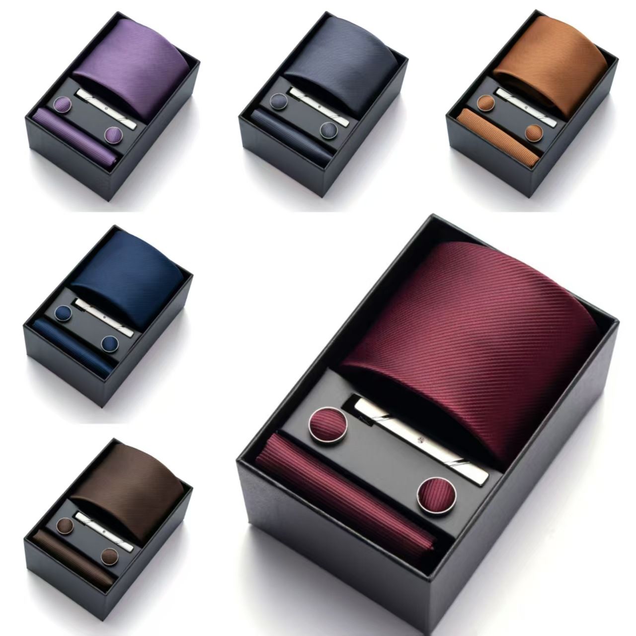 HB383 Dark Blue Premium Men's 4-Piece Formal Tie Set - Necktie, Pocket Square, Cufflinks, and Tie Clip in a Luxury Gift Box — image 4