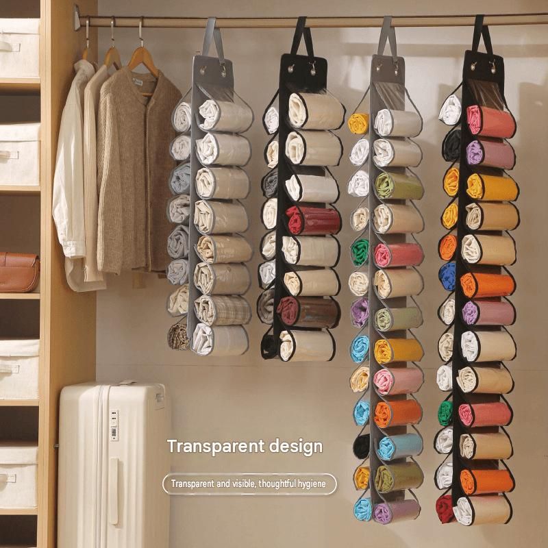 Grey 26-compartment Hanging Clothes Organiser - Double Sided Transparent Wardrobe Storage Bag with Metal Hooks - Space Saving Closet Hanger for Yoga Pants — image 4