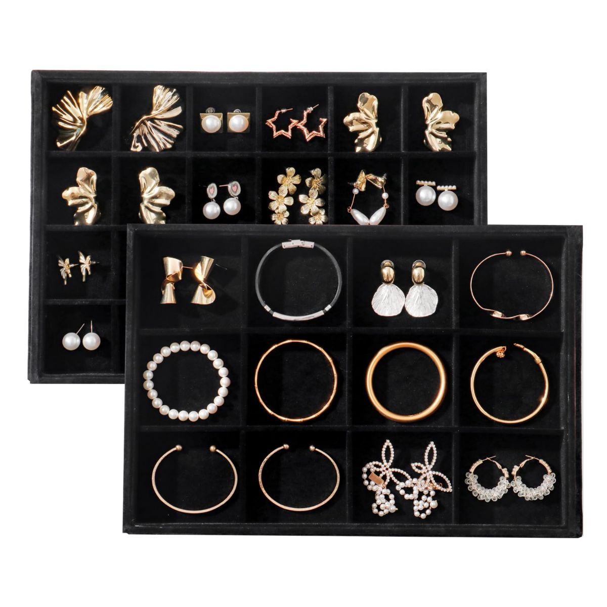 Large Velvet Jewelry Tray Display Drawer Inserts 2 Pack Stackable Jewelry Organizer for Earring Bracelet Necklace Ring 12 Grids+24 Grids - Black - Size 12