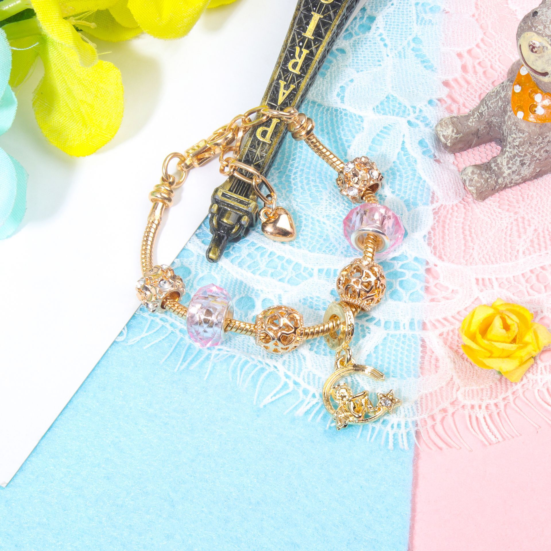 Sweet Style Crystal Rhinestone Gold Star Moon Pendant Cute Pink Bead Bracelet(16cm) โ image 6