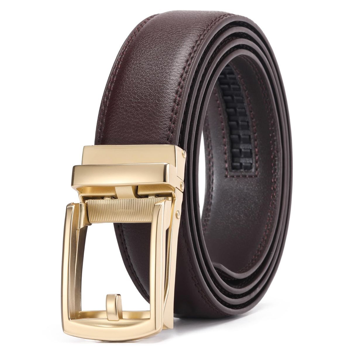 Ratchet Belt for Men Genuine Leather - Micro-Adjust Buckle Trim to Fit Dress Belt Casual to Formal Gift Boxed - Basic Gold - Brown - Size 34"-42"