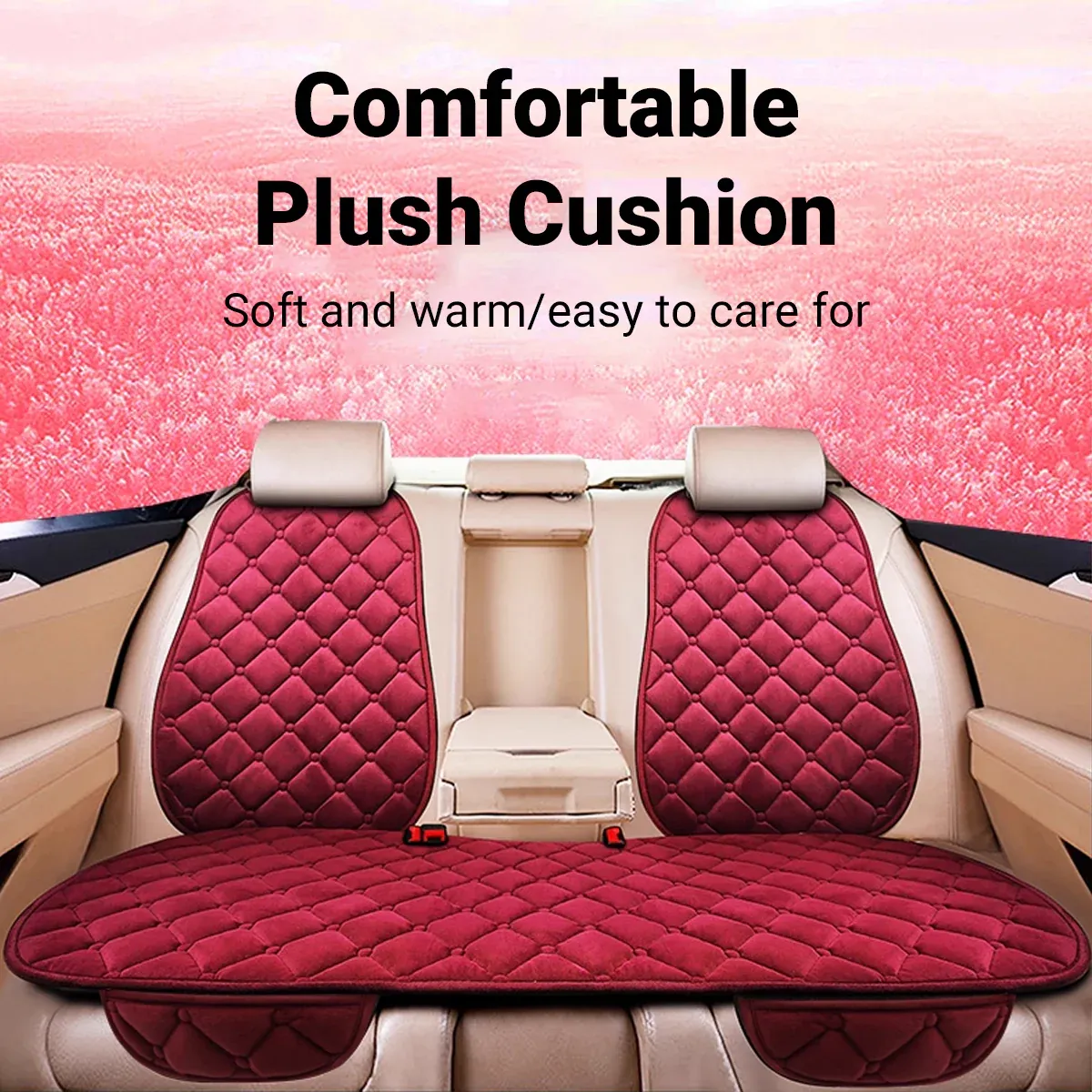 Universal Plush Seat Cushion Set Winter Warm with Backrest for Rear Row - Red โ image 5