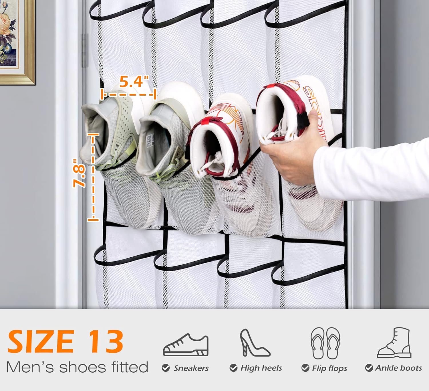 Over The Door Shoe Organizer 24 Large Mesh Pockets, White — image 3