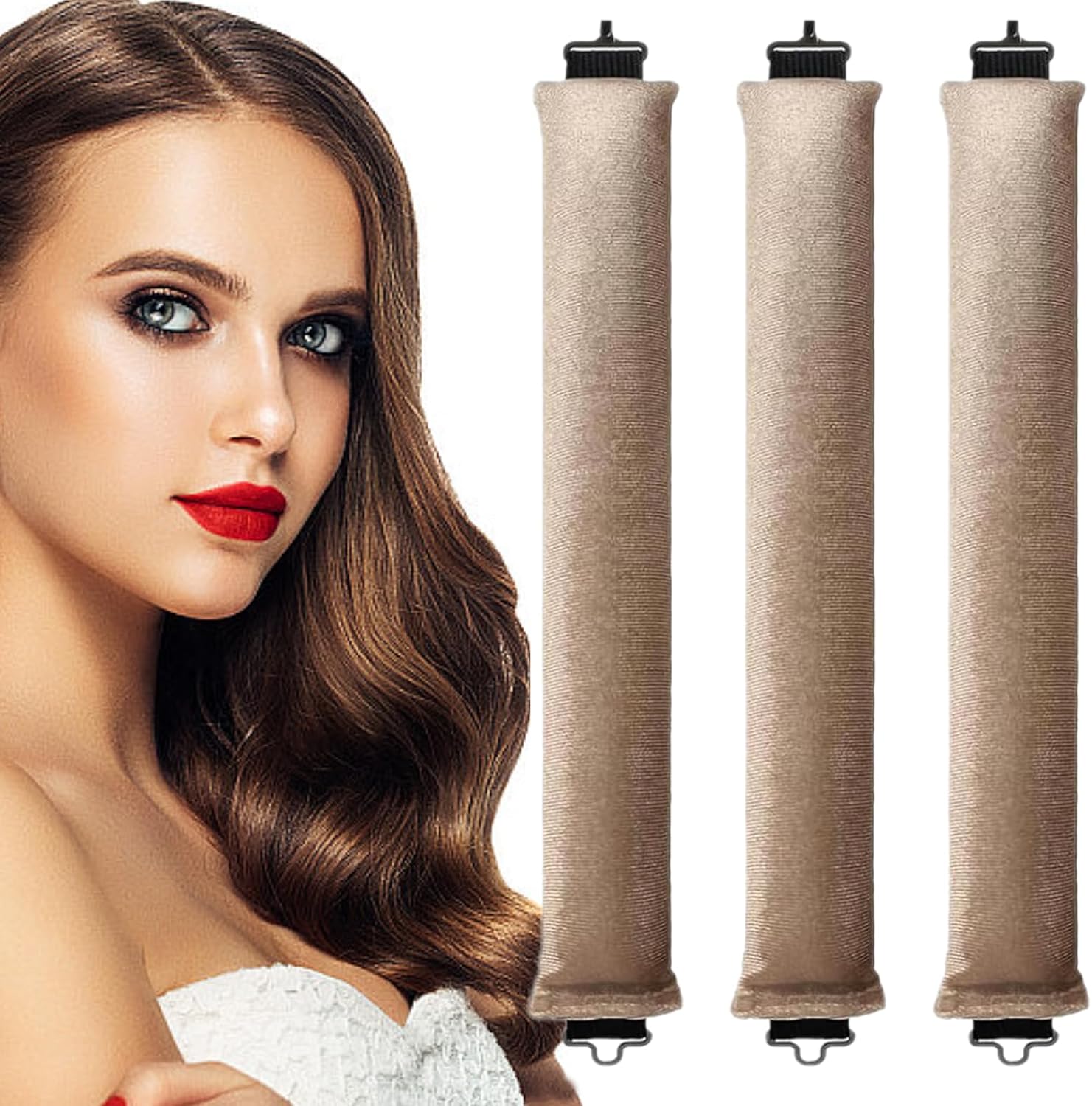 Heatless Hair Curler Set, 3 Pcs Hair Curlers No Heat, Heatless Overnight Blowout Rods with Hook for Hair Styling Tools Women Long Hair Rollers(Kahki)