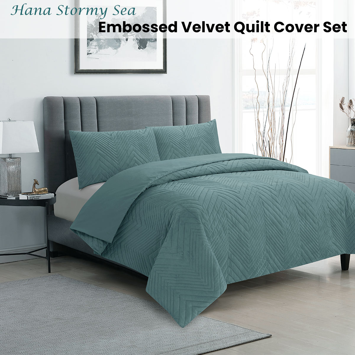 Ardor Hana Stormy Sea Embossed Velvet Quilt Cover Set Queen — image 2