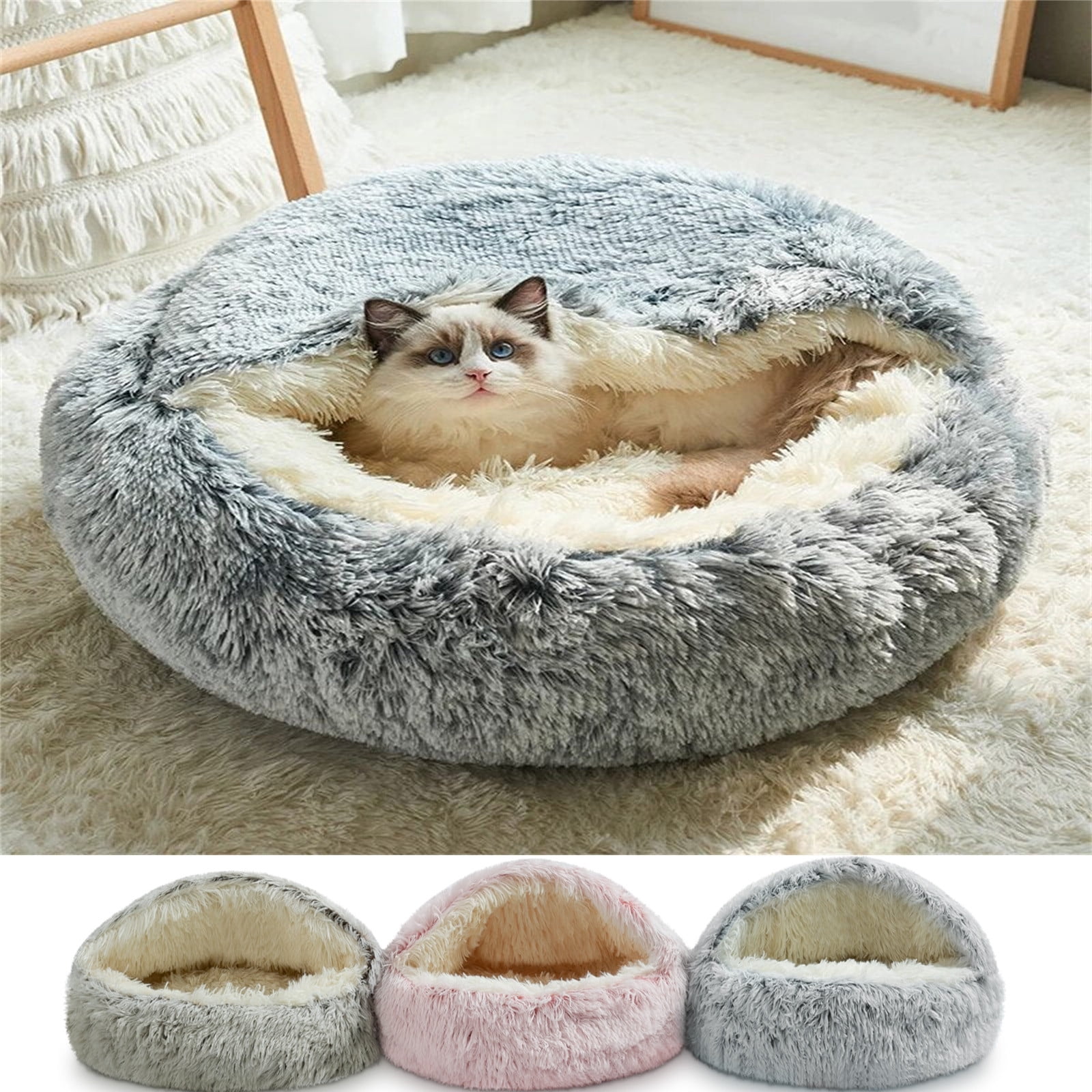 Cat Bed Round Plush Hooded Cat Bed Cave, for Indoor Cats or Small Dog Beds, Calming Pet Beds Calm Anti-nxiety Dog Bed, Waterproof Bottom Washable (16"x16") — image 3