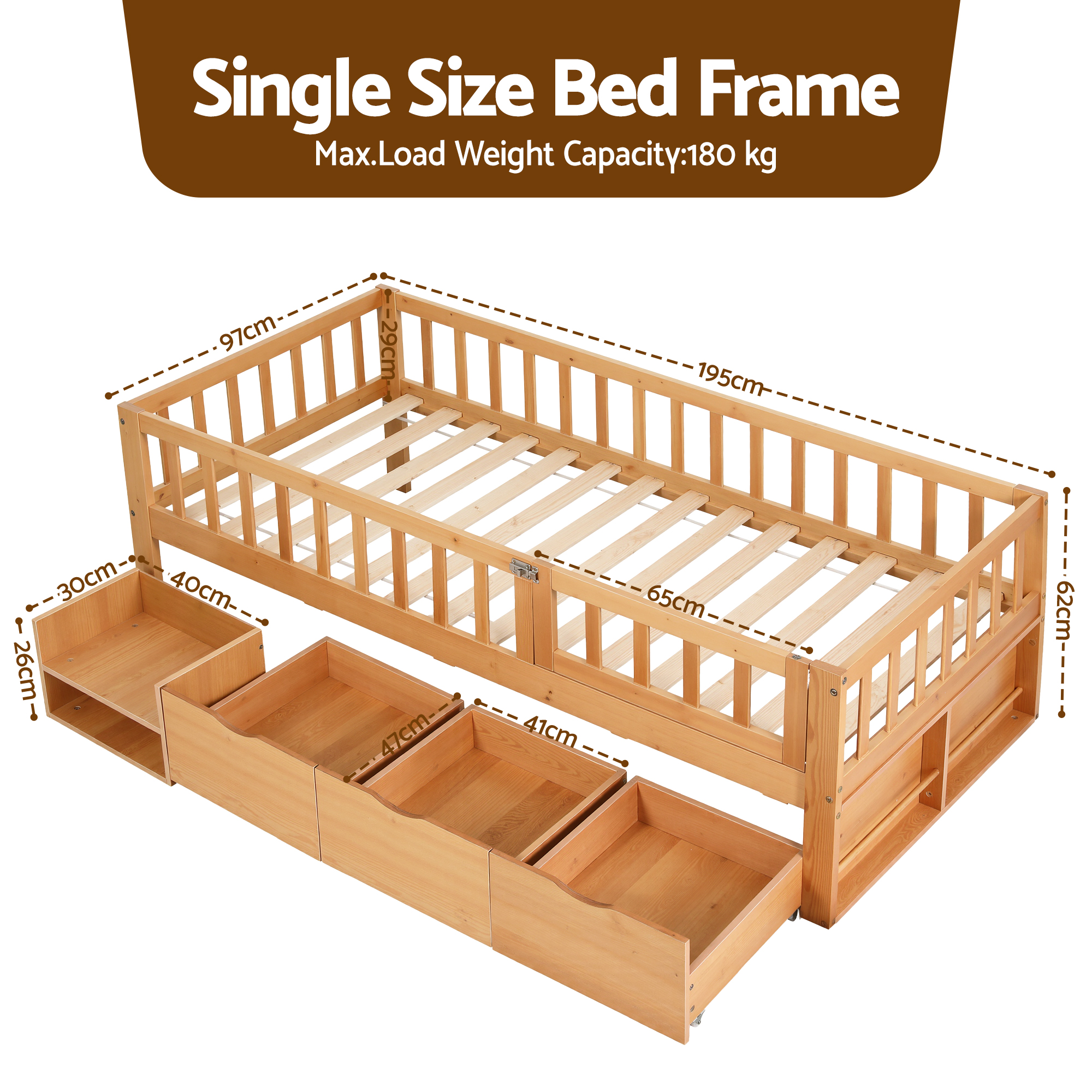 Artiss Kids Single Bed Frame with 3 Storage Drawer Montessori Bed for Toddler Natural โ image 2