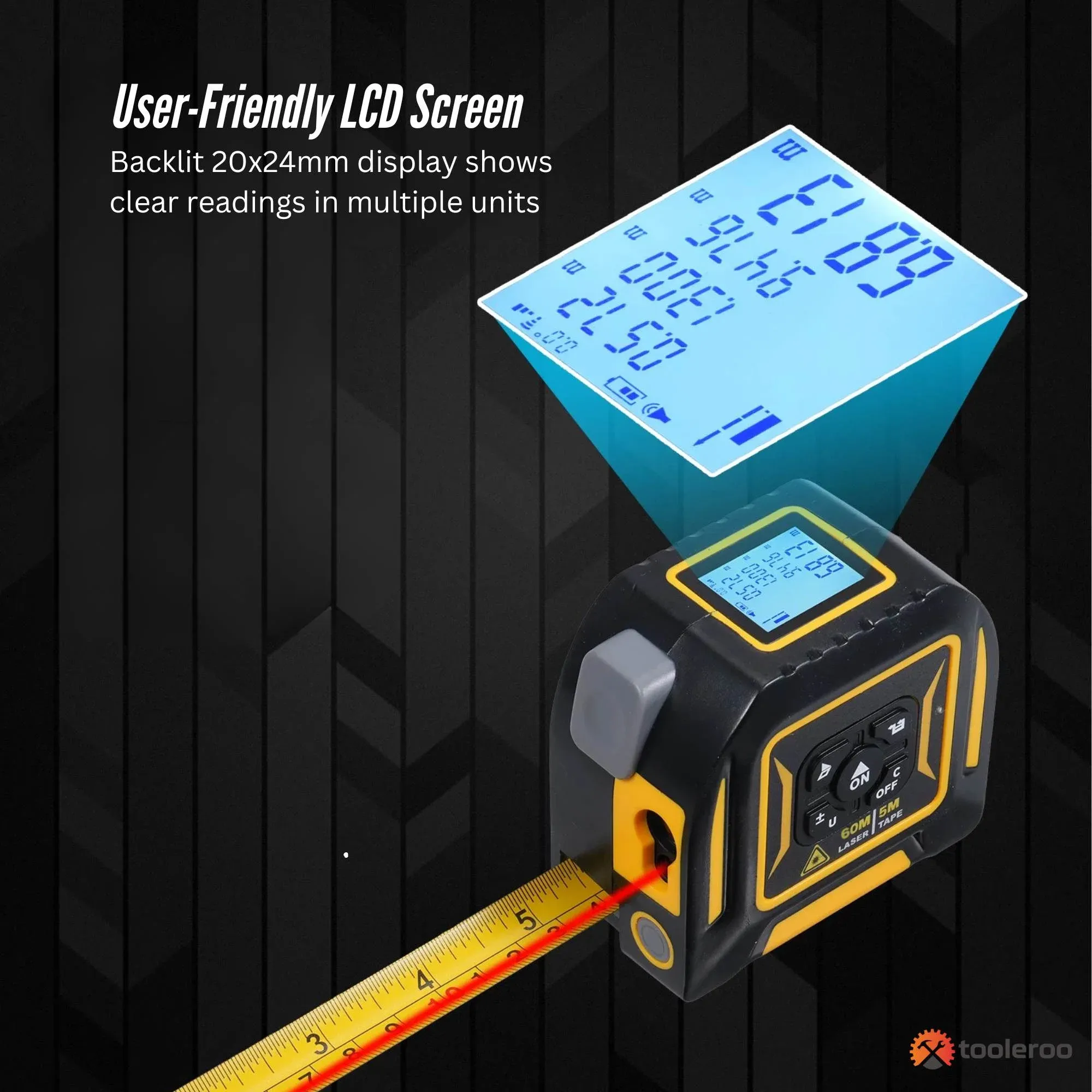 Tooleroo 60m Digital Laser Tape Measure + 5m Steel Tape – 3-in-1 Cross Marking — image 5