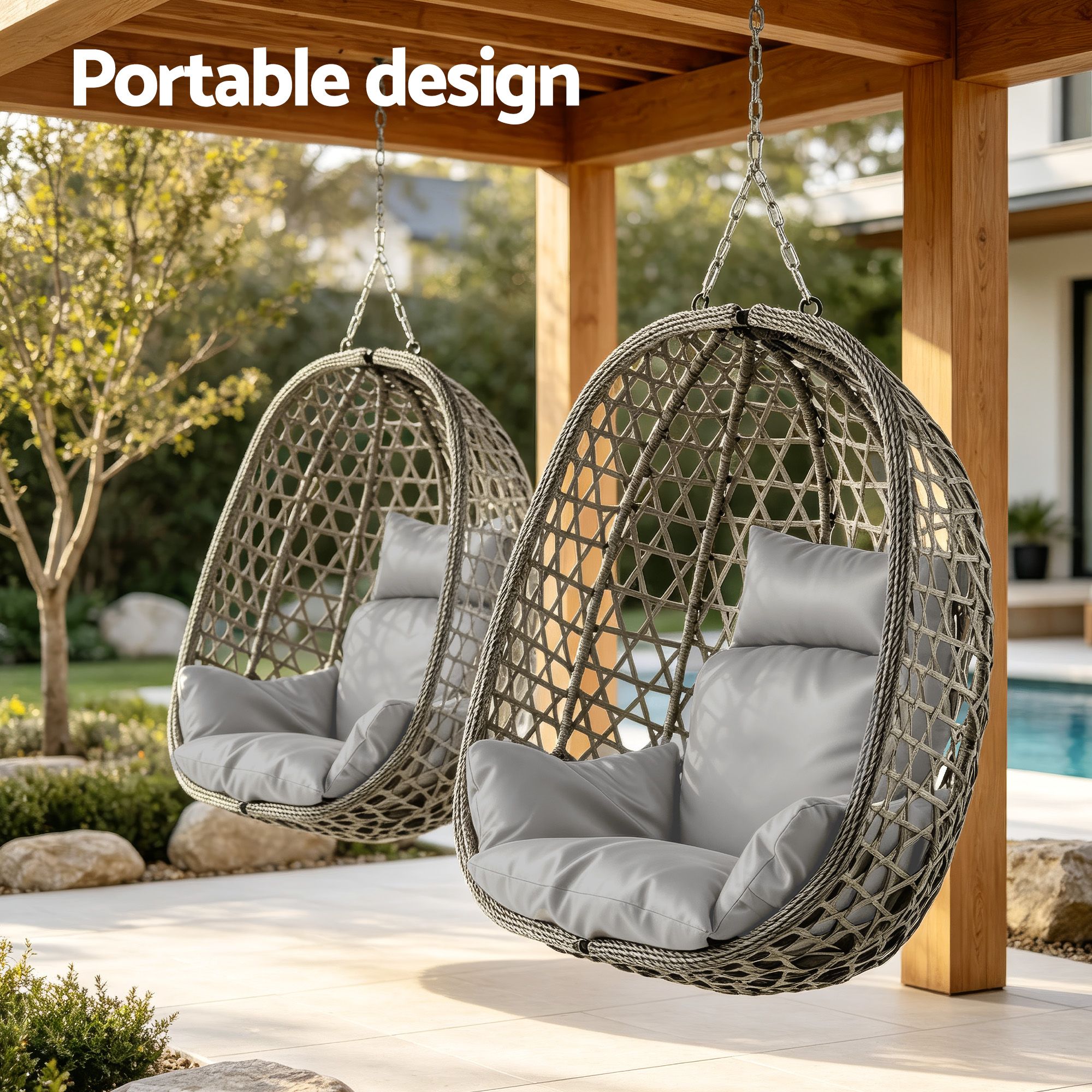 Gardeon Outdoor Swing Chair with Stand Cushion Rattan Furniture Grey โ image 6