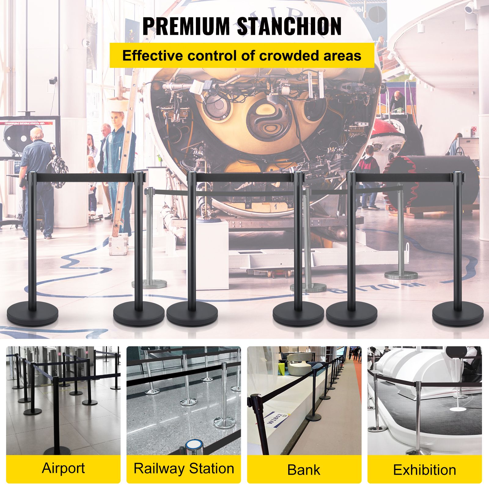 Crowd Control Stanchion, Set of 6 Pieces Stanchion Set, Stanchion Set with 6.6 ft/2 m Black Retractable Belt, Black Crowd Control Barrier with Concrete and โ image 2