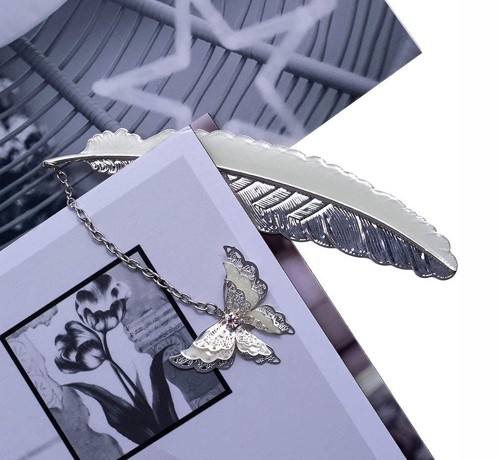 Feather Metal Bookmark with 3D Butterfly Pendant, Unique Glow in The Dark Butterfly Bookmark, (Silver Butterfly) — image 4