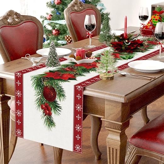 Set of 2 rustic-style red Christmas table runners featuring snowflake and poinsettia patterns, measuring 33 x 183 cm — image 6