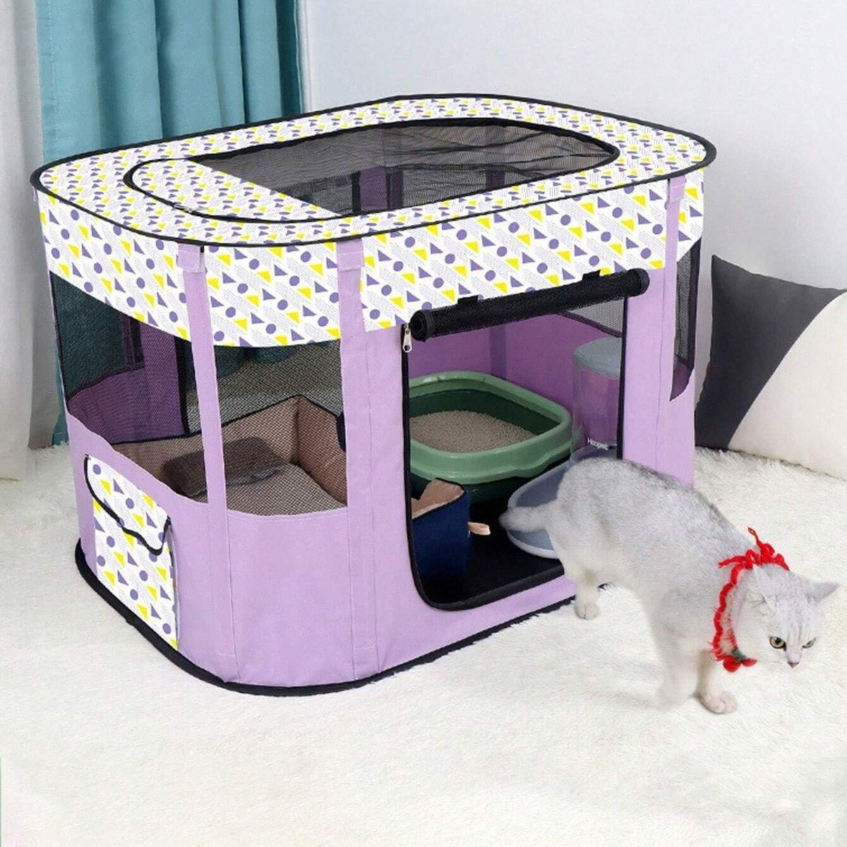 Foldable Cat Dog Kennel Pet Delivery Cage Portable Pet Fence Tent - Purple-L β image 5