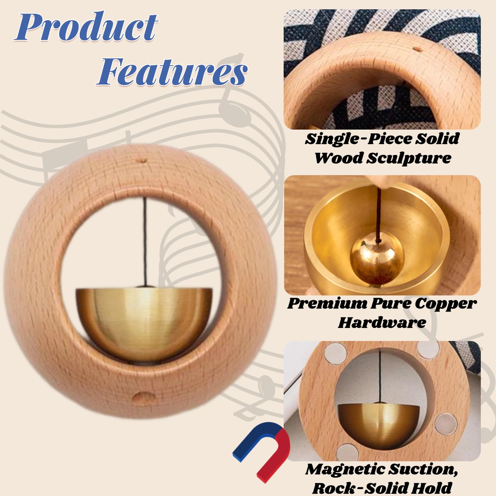 1 Piece Vintage Wooden Door Bell with Copper Chime and Magnetic Mount for Entryways and Bedrooms, Beech Round Design — image 4