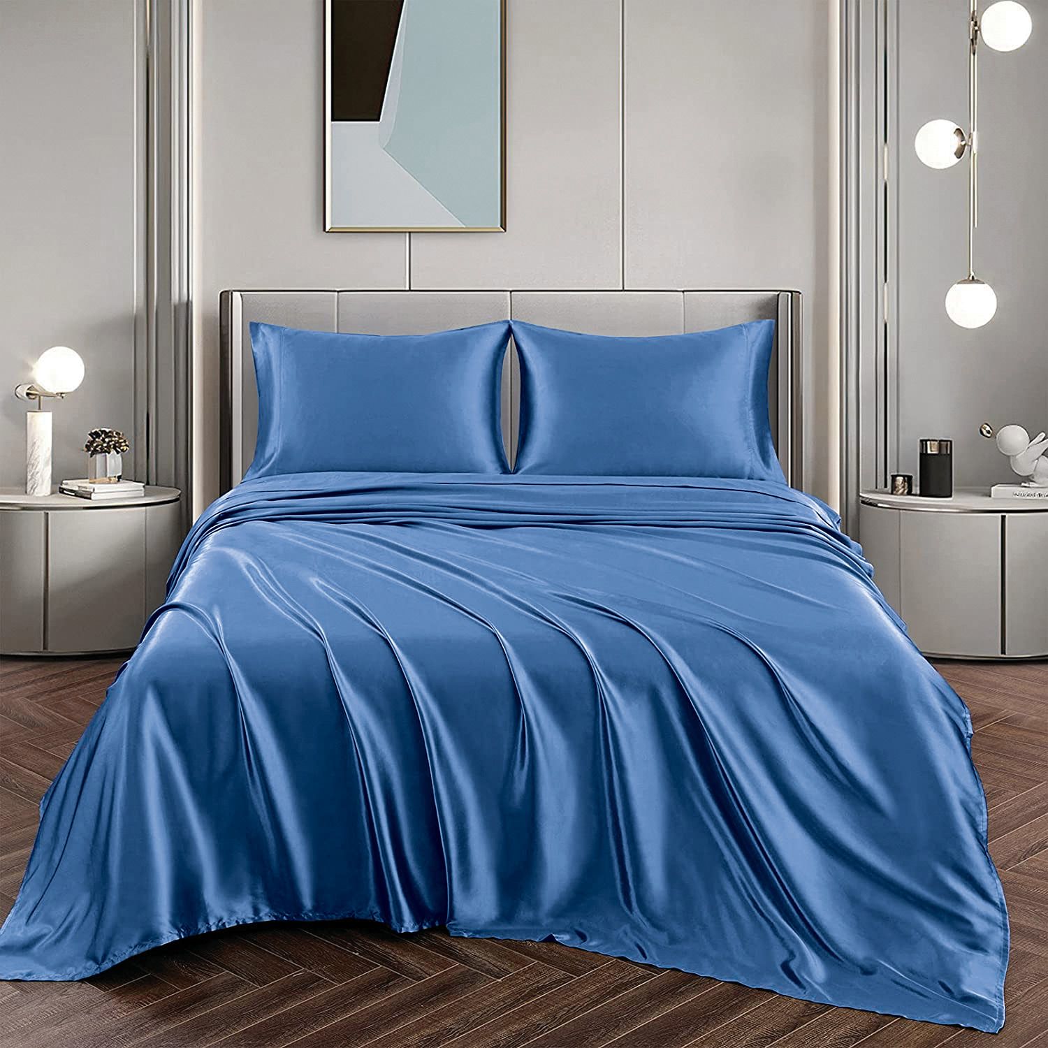Art Silk Satin Sheet Set Hotel 4 Pieces Fitted/Flat Sheet Bedding Set-Luxury Soft Silky Sheets for Hair and Skin, Similar to Silk Bed Sheets Set 4