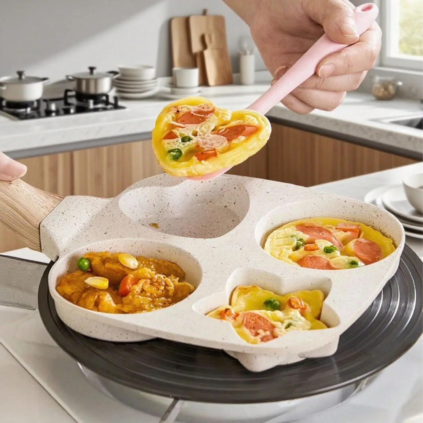 Non Stick Enlarged 3 In 1 Omelette Pan Mini Burger Pan Non Burning Raised Handle Multi Purpose Hamburger Skillet Household Nonstick Frying Pan Egg Burger Pan — image 3