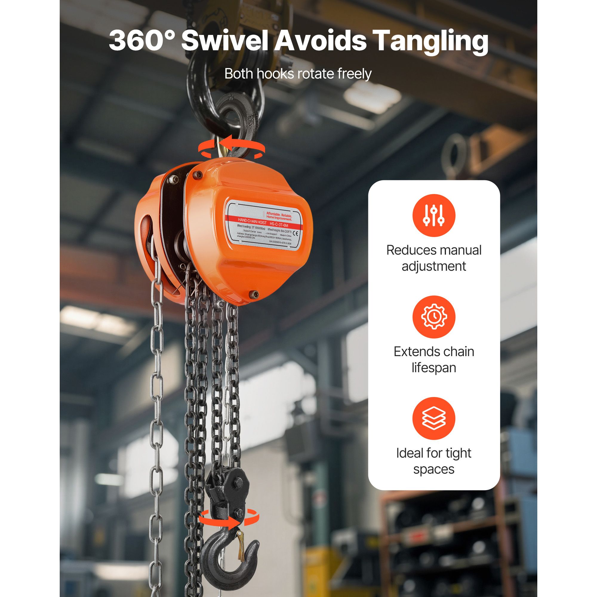 Hand Chain Hoist, 3 Ton Capacity, Manual Chain Block with Upgrade G80 Galvanized Chain, 6 m Lifting Height, Heavy Duty Pulley Hoist for Garage Warehouse — image 6