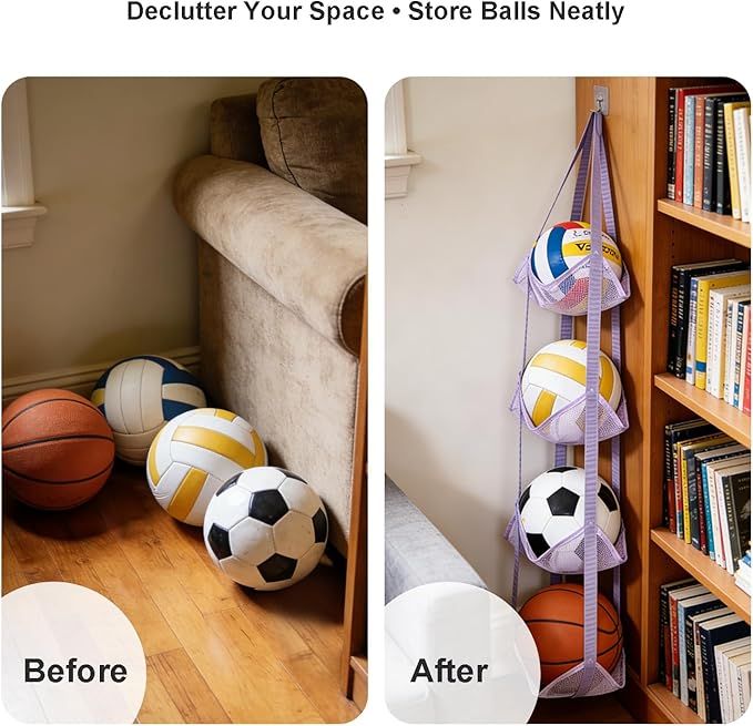 4-Tier Hanging Mesh Ball Storage Organizer, Basketball Storage for Sports Balls & Helmets, Space-Saving Hanging Ball Holder (purple) — image 3