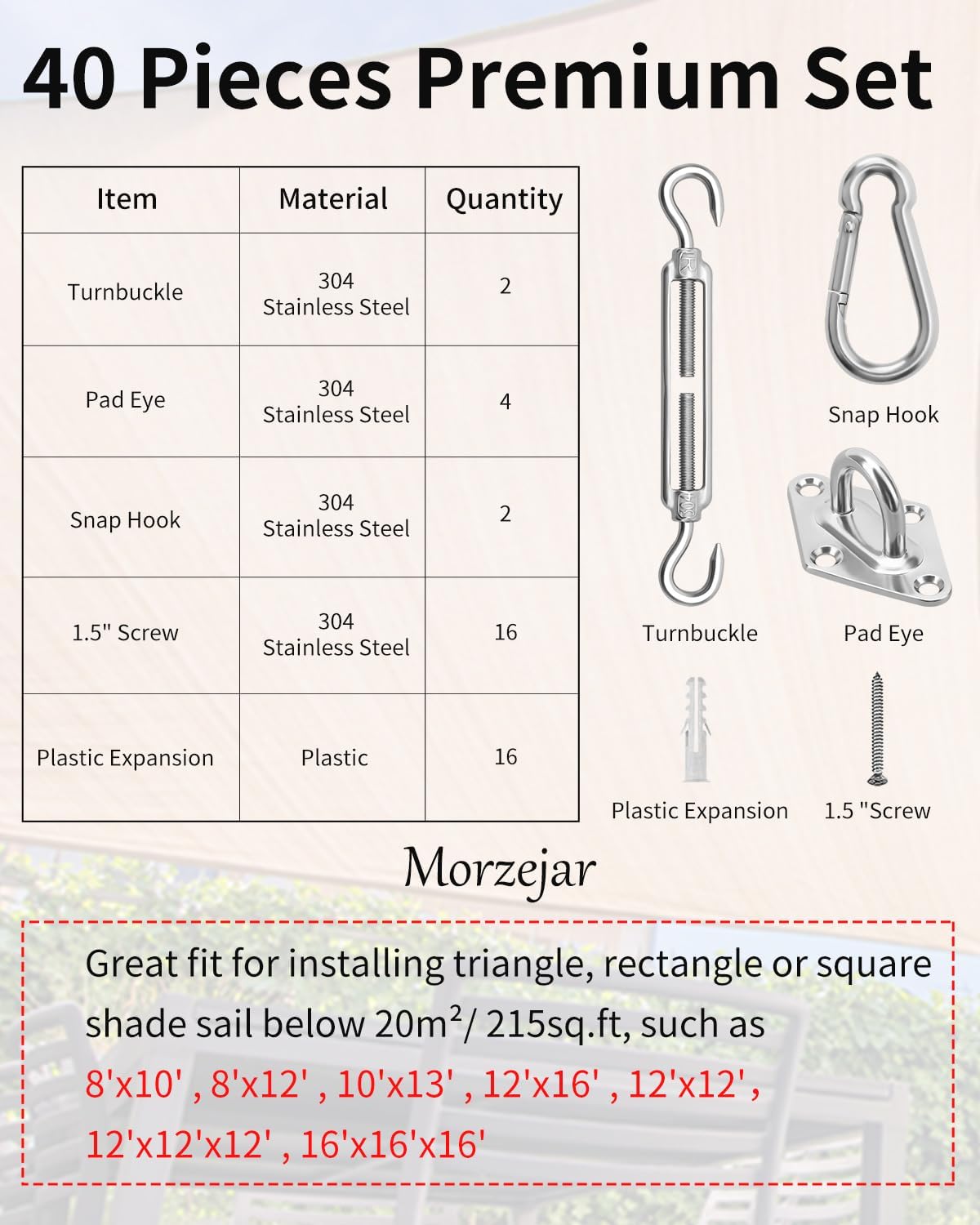 Sun Shade Sail Hardware Kit, 304 Stainless Steel Sunshades Canopy Installation Kit for Garden Rectangle & Triangle Shade Sails, Heavy Duty Shade Sail Fixing — image 2