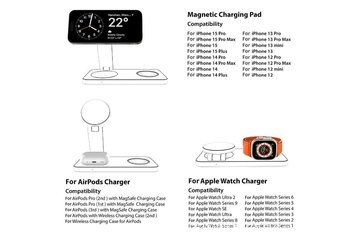 3 in 1 Charging Station for iPhone Wireless Charger Dock for Apple Watch iPhone AirPods -Black — image 3