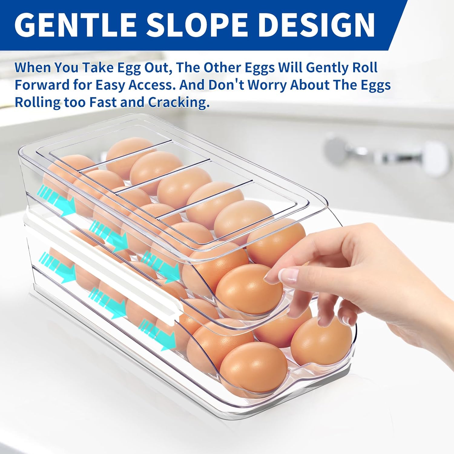 Egg Holder for Fridge, Automatic Rolling Egg Organizer for Refrigerator, Clear Plastic Egg Container & Tray, Stackable Dispenser and Storage Bin with Sturdy — image 2
