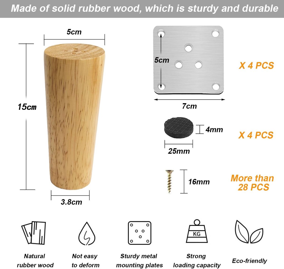 4 pieces - 15 cm - Furniture legs - Table legs - wooden furniture legs - solid tapered wooden table legs - replacement sofa legs - with screws and anti-slip — image 2