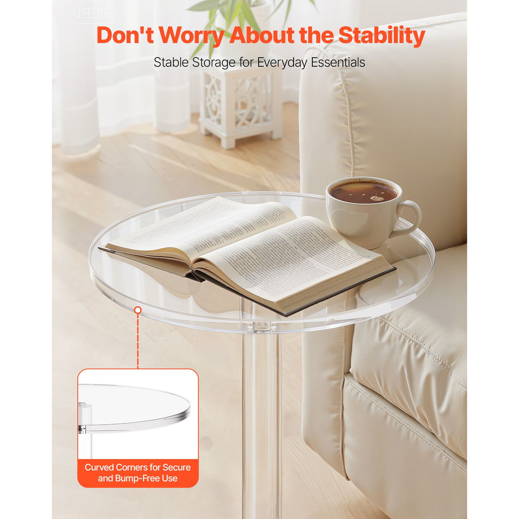 Acrylic Drink Table, Clear End Table Round Top with Solid Post, Modern Acrylic Cake Table Stand, Transparent Side Desk for Coffee, Drink, Food, Snack, Easy — image 4