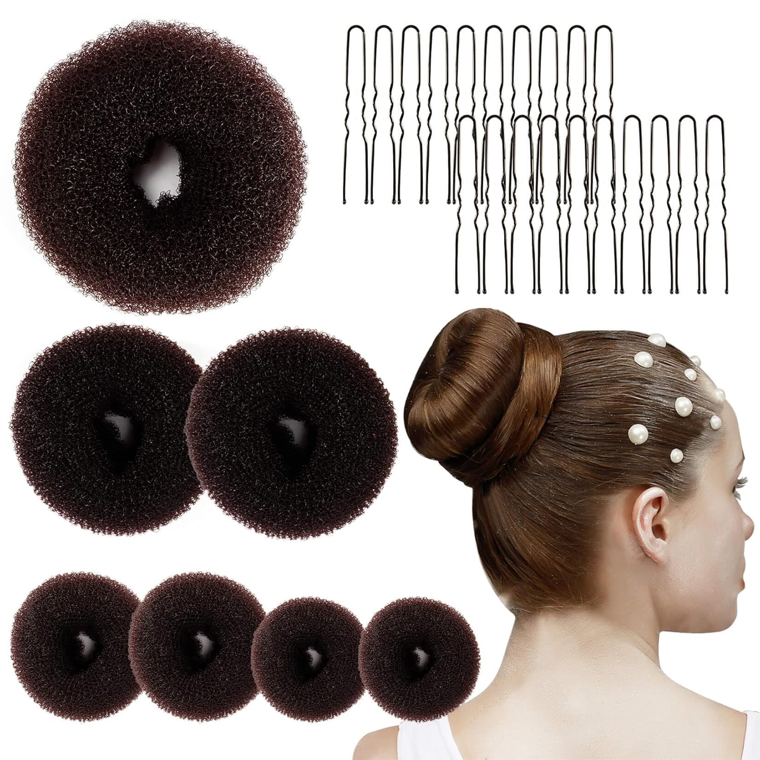 Hair Donut Bun Maker Kit - Updos Sock for Long Hair, Bun Holder with Hair Clips (1 Extra Large, 2 Medium, 2 Small)