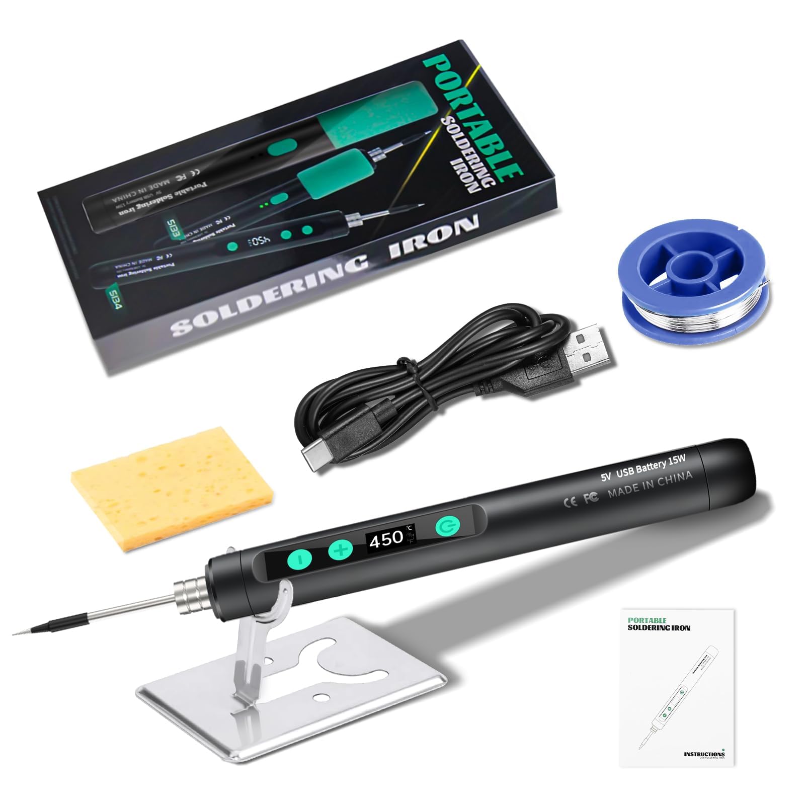 Portable USB-C Soldering Iron Kit – 15W Wireless Electric Soldering Pen with LCD Display, Adjustable Temp 180°C–450°C, 1100mAh Battery, Type-C Charging