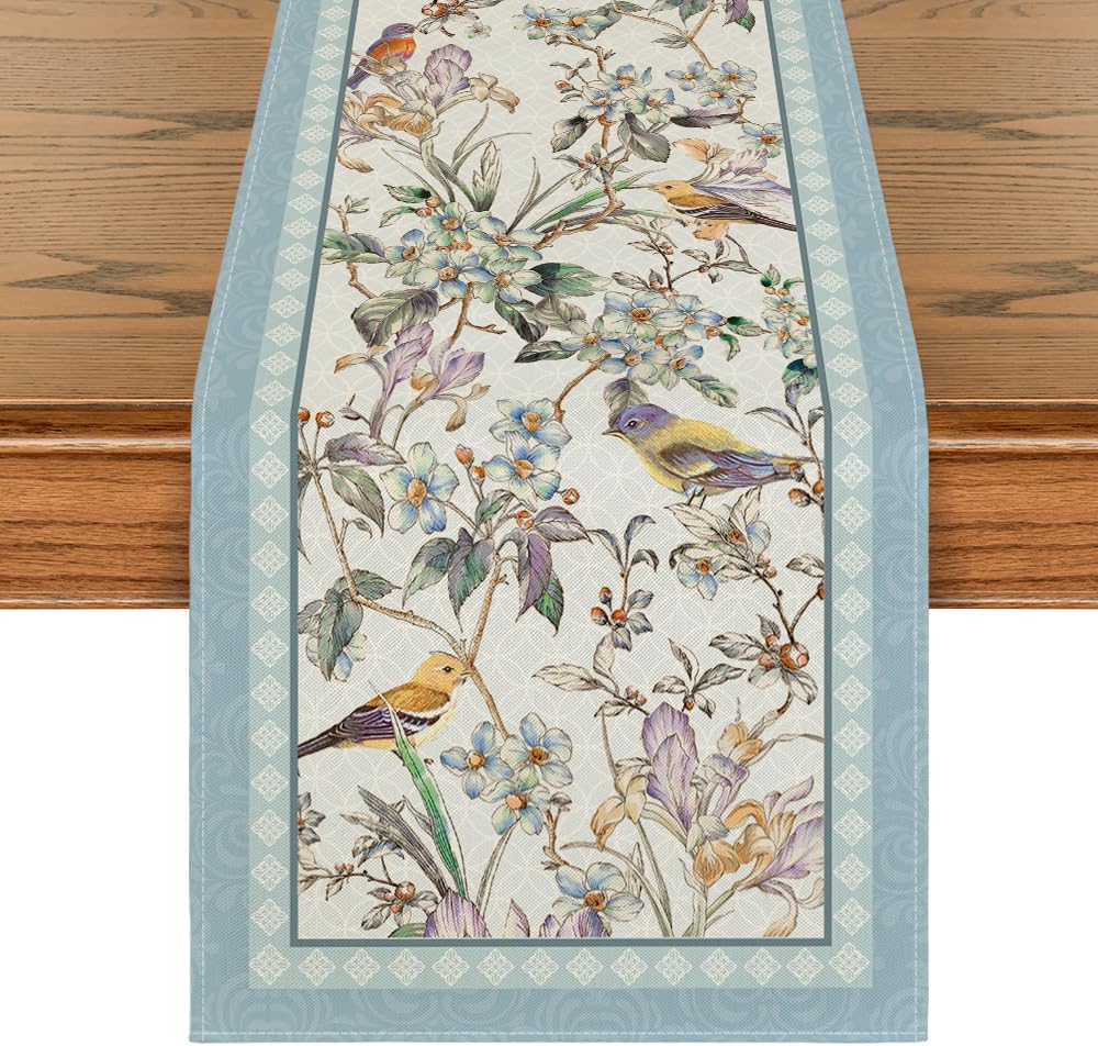Blue Birds Flowers Blossom Table Runner, Seasonal Spring Floral Kitchen Dining Table Decoration for Home Party Decor 13 × 72 Inch
