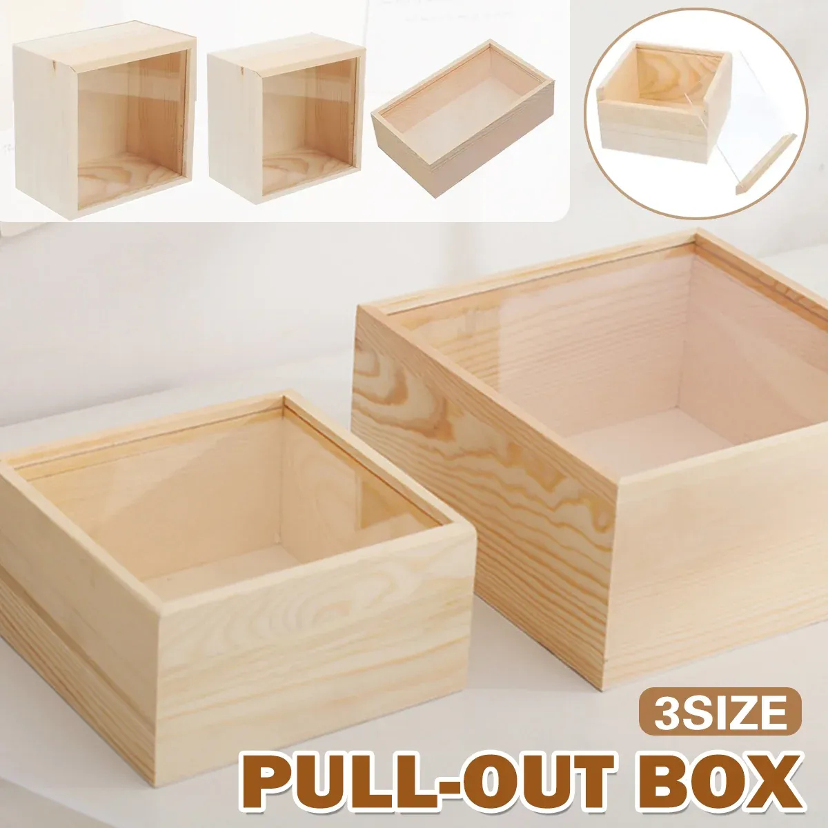 Solid Wood Storage Box with Acrylic Sliding Lid Pull Out Gift Packaging Case - 20x20x10cm — image 2