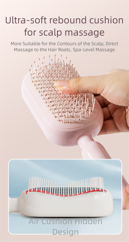 White Innovative Self-Cleaning Cushion Hairbrush - Retractable Bristle Detangling & Scalp Massager โ image 4