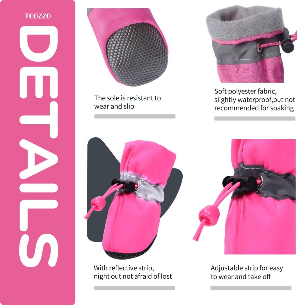 4PCS Dog Boots Paw Protector, Anti-Slip Winter Dog Shoes with Reflective Straps for Small Medium Dogs - Pink - Size 5 — image 6