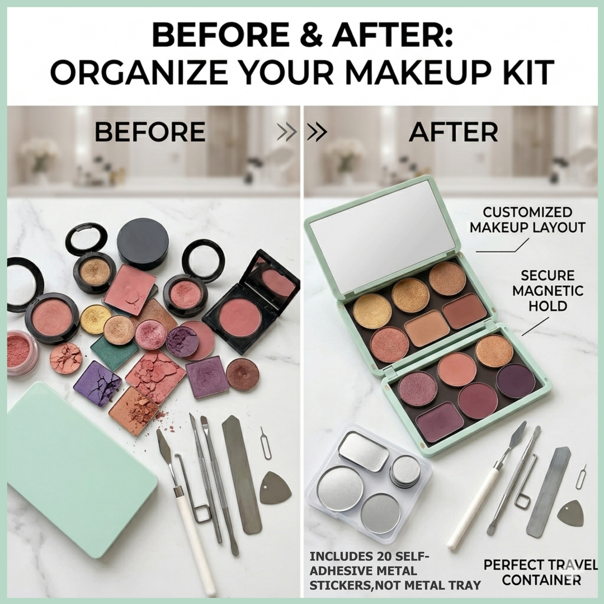 Portable Magnetic Makeup Palette With Mirror, Double-sided Folding, Refillable Eyeshadow Palette with Lid, DIY Eyeshadow Pan Dispensing Storage Box for β image 3